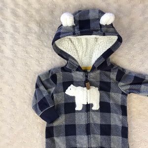 Carter’s Fleece Hooded Romper Polar Bear Plaid 3M
